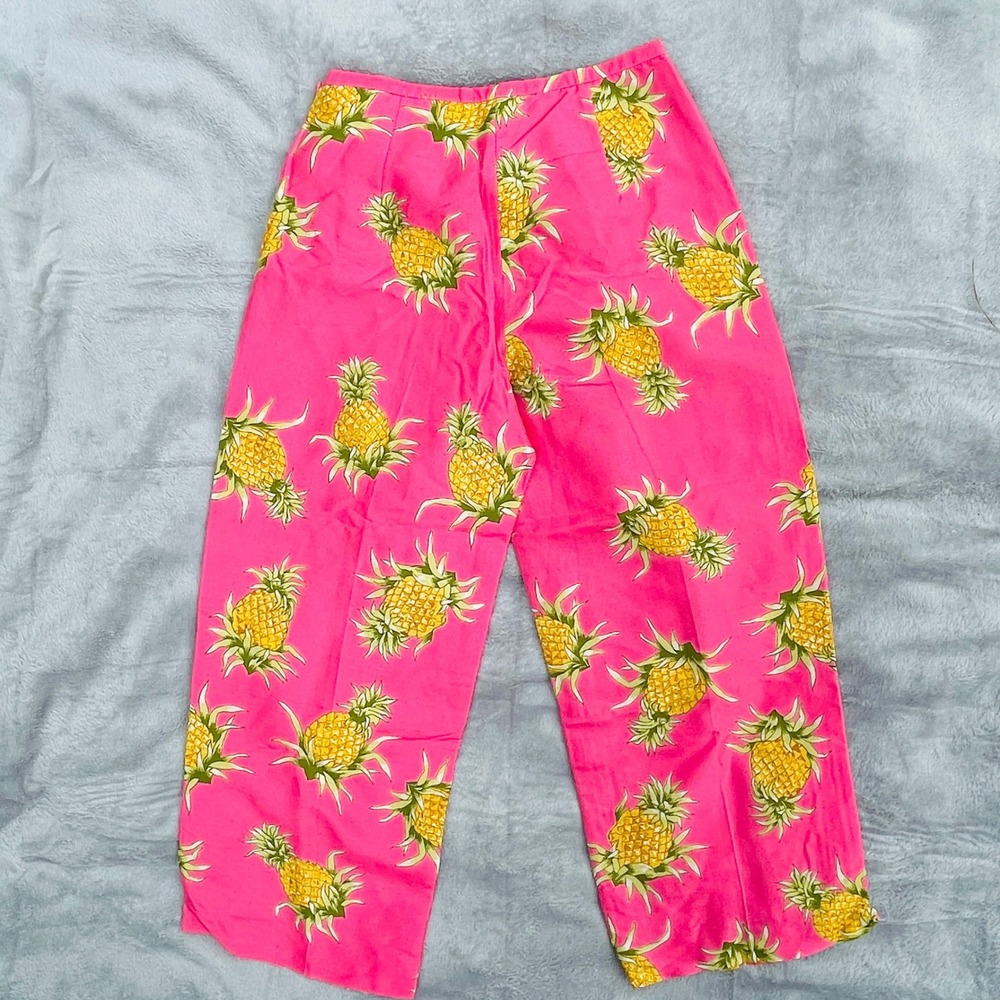 Pink Pineapple Print Silk Pants Tropical Vintage‎ Y2K Resort Wide Leg Size 6